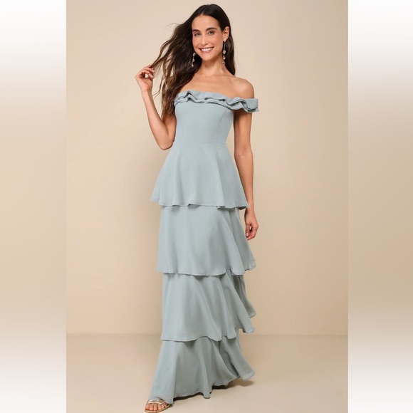 Lulus Dresses & Skirts - Sage Green Off-the-Shoulder Tiered Maxi Dress